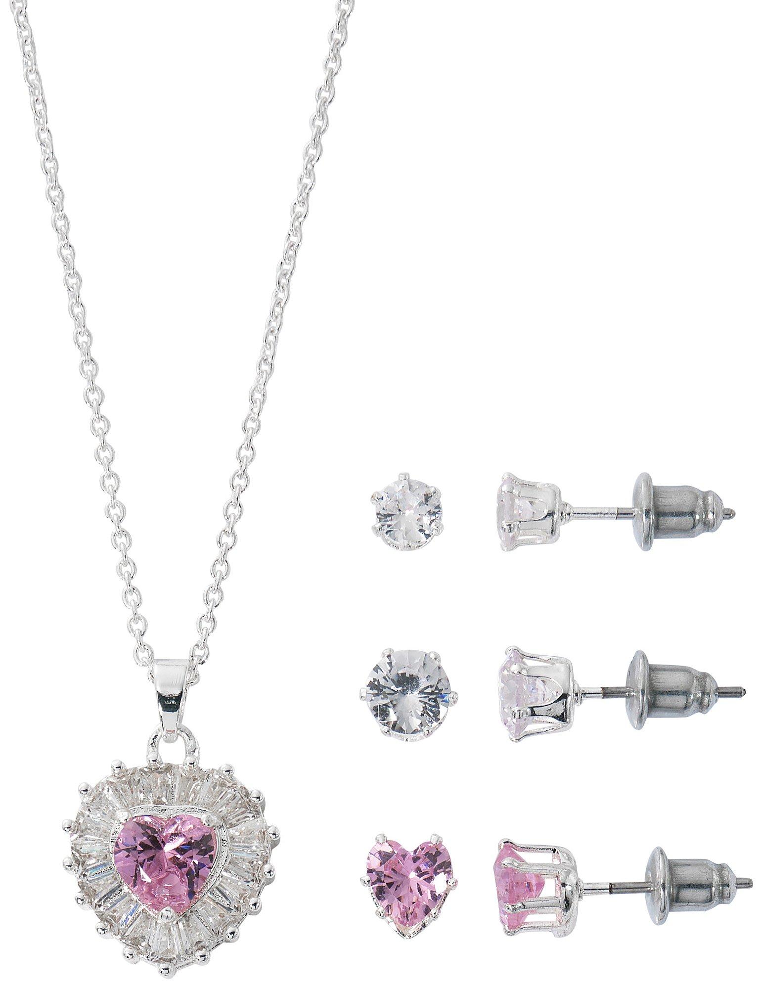 Spotlight Box 4-Pc. CZ Heart Necklace 3-Pr Stud Earrings Set