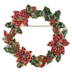 Napier Christmas Wreath Pave Enamel Gold Tone Boxed Pin