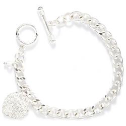 7.5 In. Pave Heart Charm Silver Tone Chain Bracelet