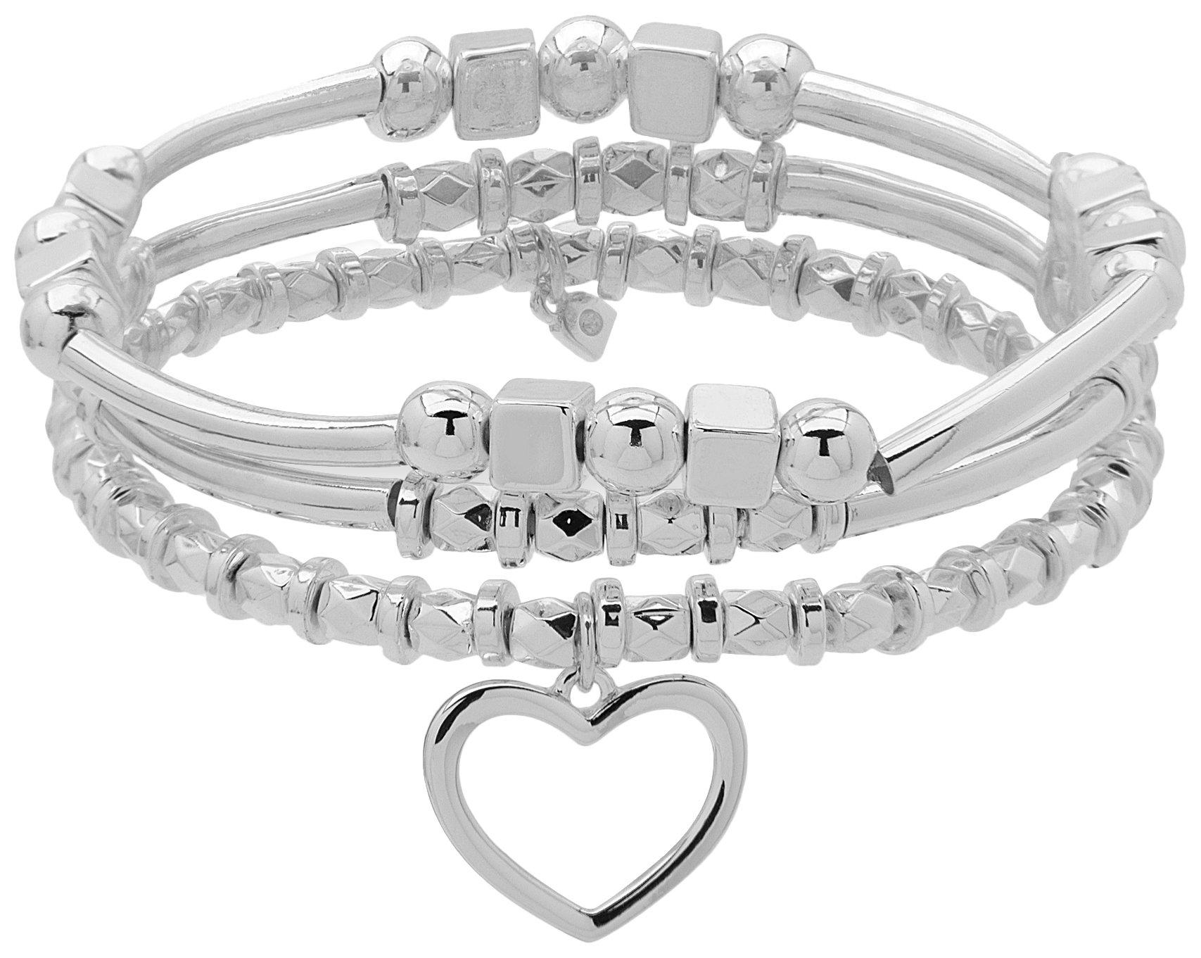 Silver Tone Heart Triple Wrap Stretch Bracelet