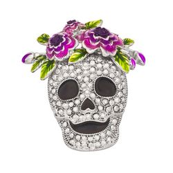 Napier Rhinestone Day Of The Dead Skull Flowers Boxed Pin