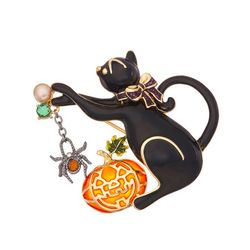 Napier Black Cat Pumpkin Rhinestone Gold Tone Boxed Pin