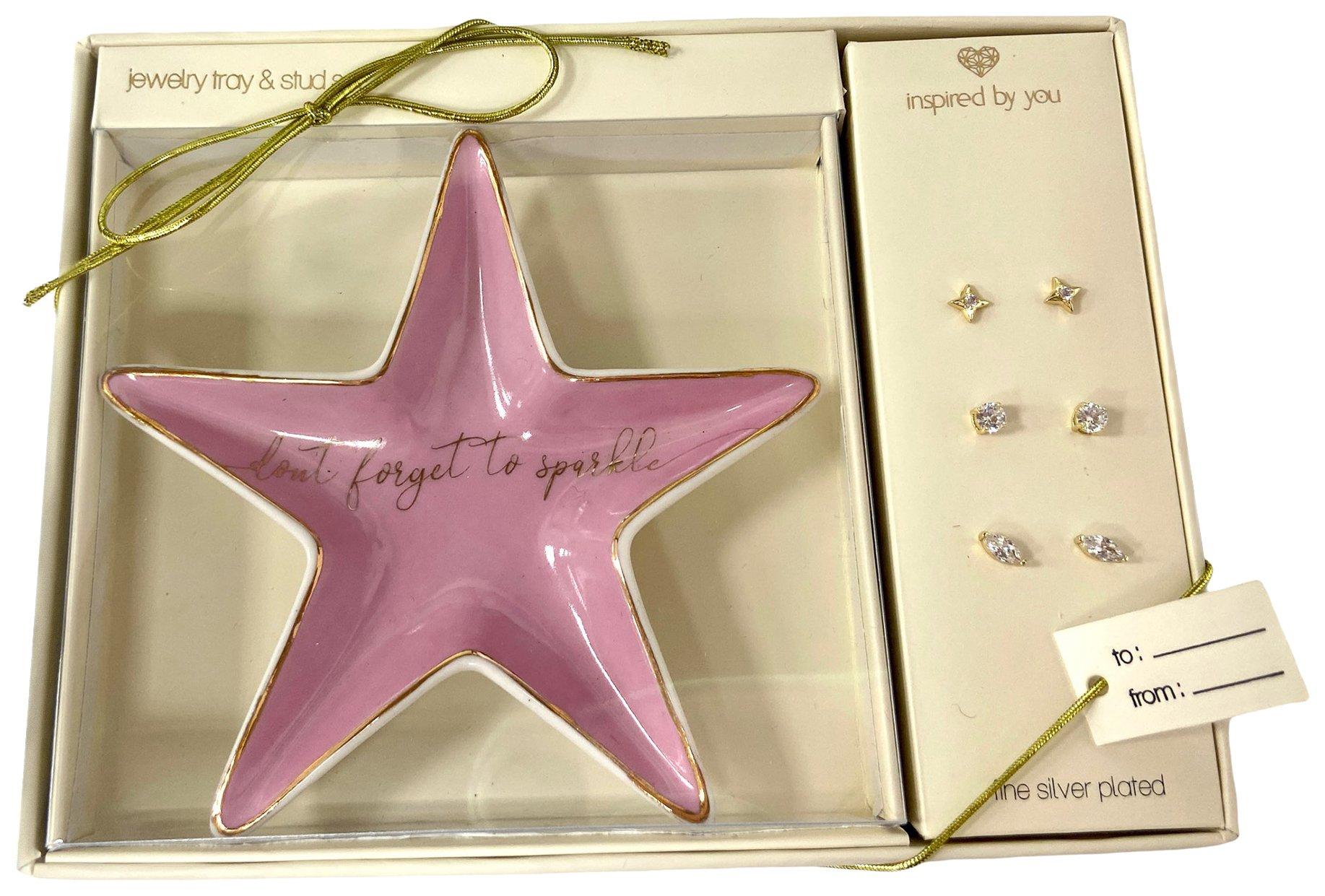 4-Pc CZ Stud Earrings & Trinket Tray Set
