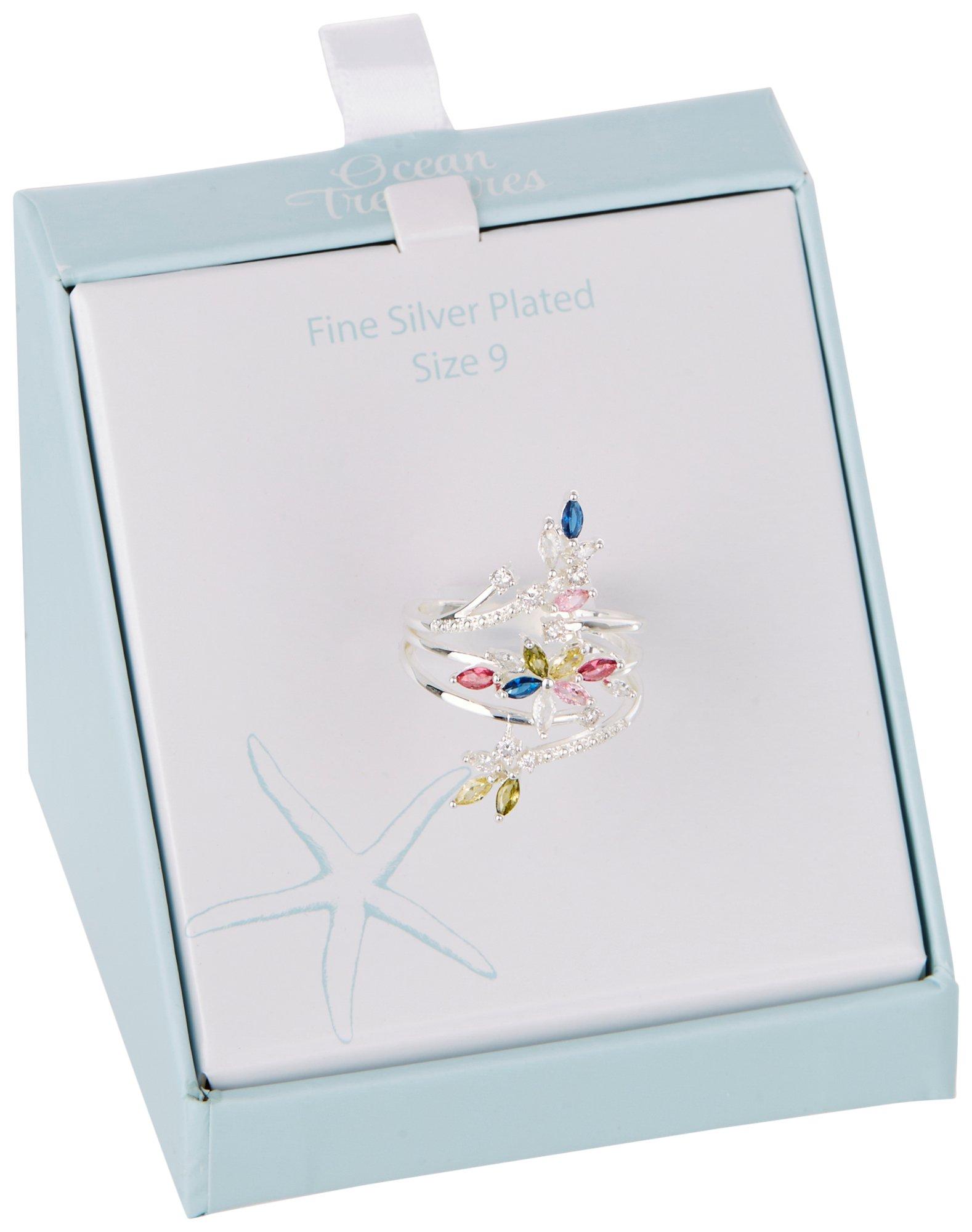 Ocean Treasures CZ Flower Silver-Plate Boxed Ring
