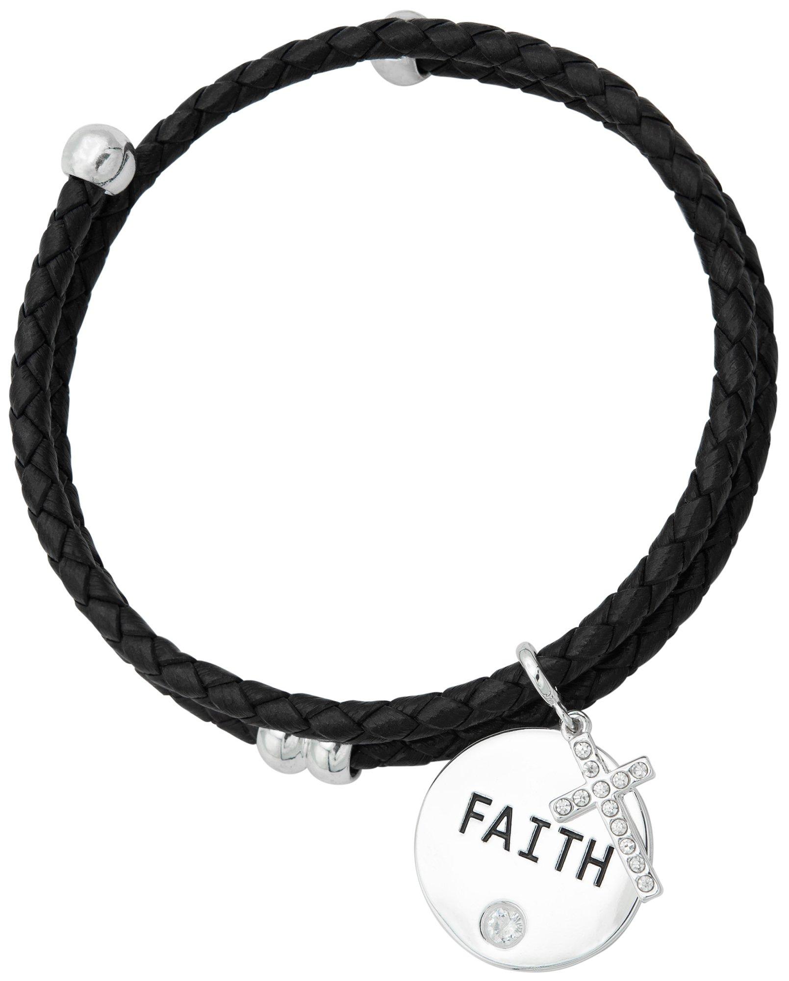 Faith Pave Cross Charm Adjustable Leather Bracelet