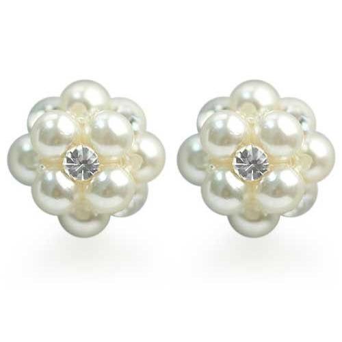 Blue faux pearl and clear crystal silver tone stud earrings 15mm