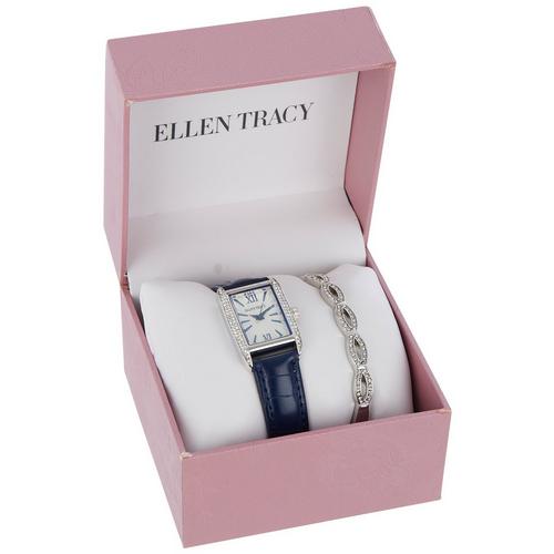 Ellen Tracy 2-Pc. Pave Rectangular Watch & Bracelet