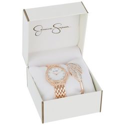 Ellen Tracy 2-Pc. Pave Round Watch & Leaf Bracelet Set