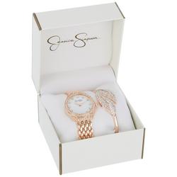 2-Pc. Pave Round Watch & Leaf Bracelet Set