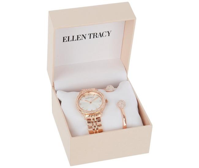 Ellen Tracy Womens Watch & Bracelet Set with Crystal Embellishment
