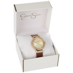 Jessica Simpson Womens Gold Tone Pave Strap Watch