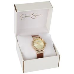Womens Gold Tone Pave Strap Watch