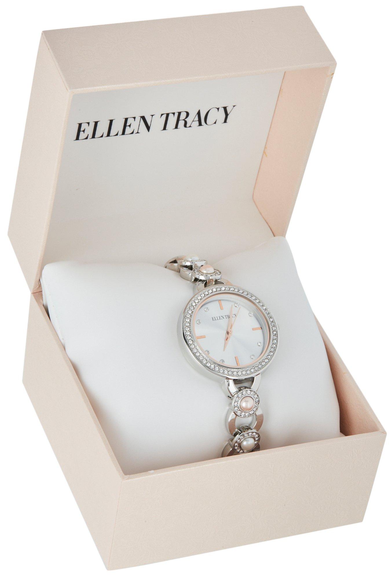 Womens Rhinestone Pearl Link Band Analog Watch