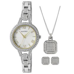 Ellen Tracy 3-Pc. Pave Analog Watch Necklace Earring Set