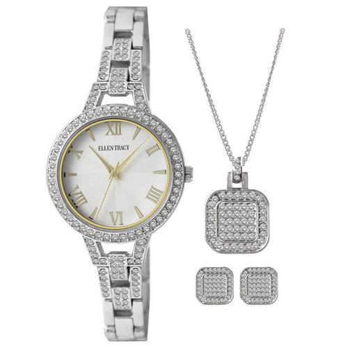 Ellen Tracy 3-Pc. Pave Analog Watch Necklace Earring