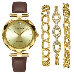 Ellen Tracy 4-Pc. Faceted Bezel Watch & Chain Bracelet Set