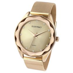 Ellen Tracy Womens Gold Tone Faceted Mesh Band Watch