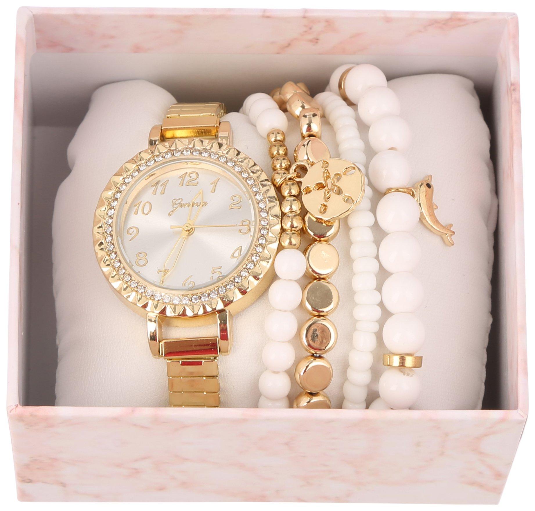 Ellen Tracy Crystal Watch & Pave Pendant & Earring Set Silver Rose Gold