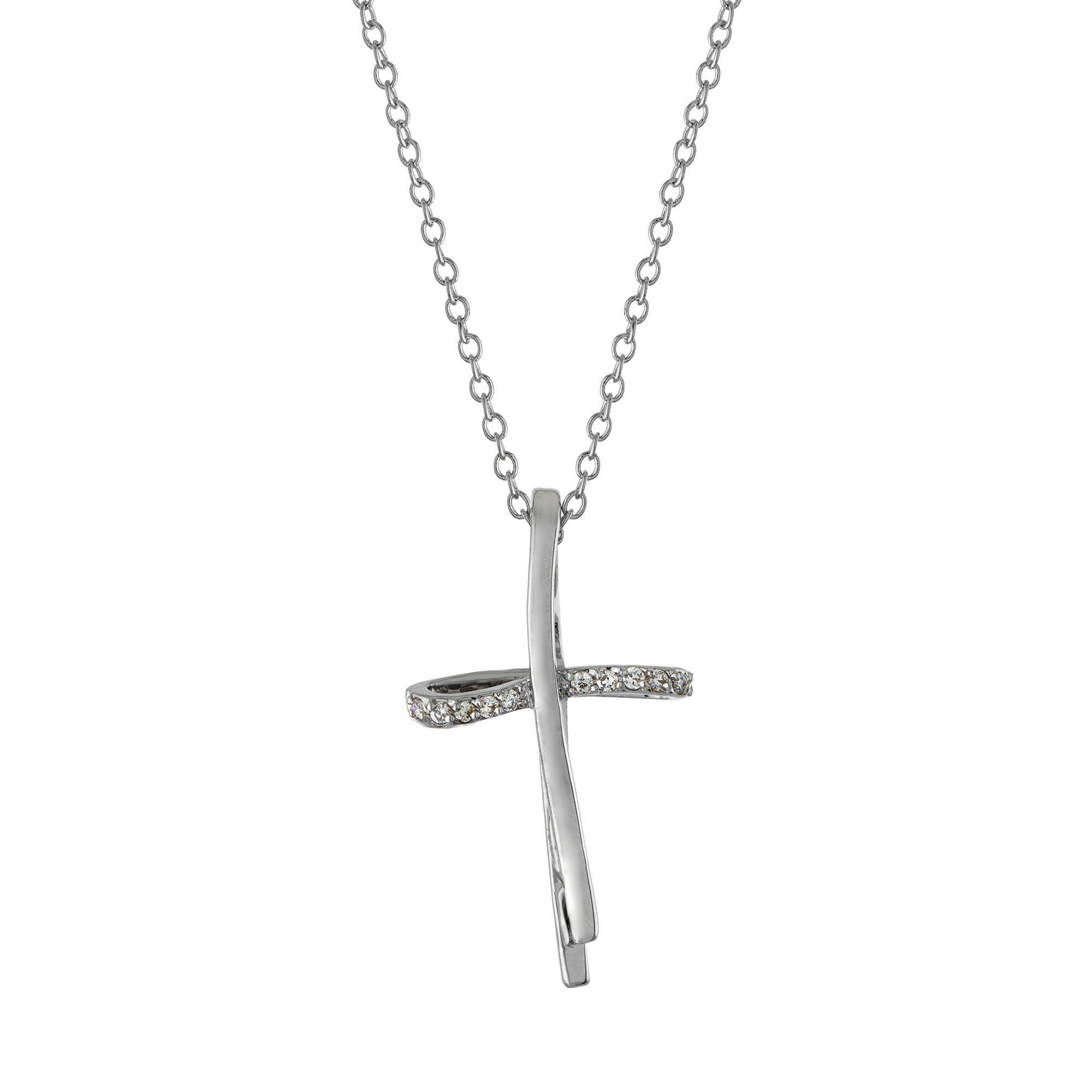 CZ Pave Cross Silver Tone Chain Necklace