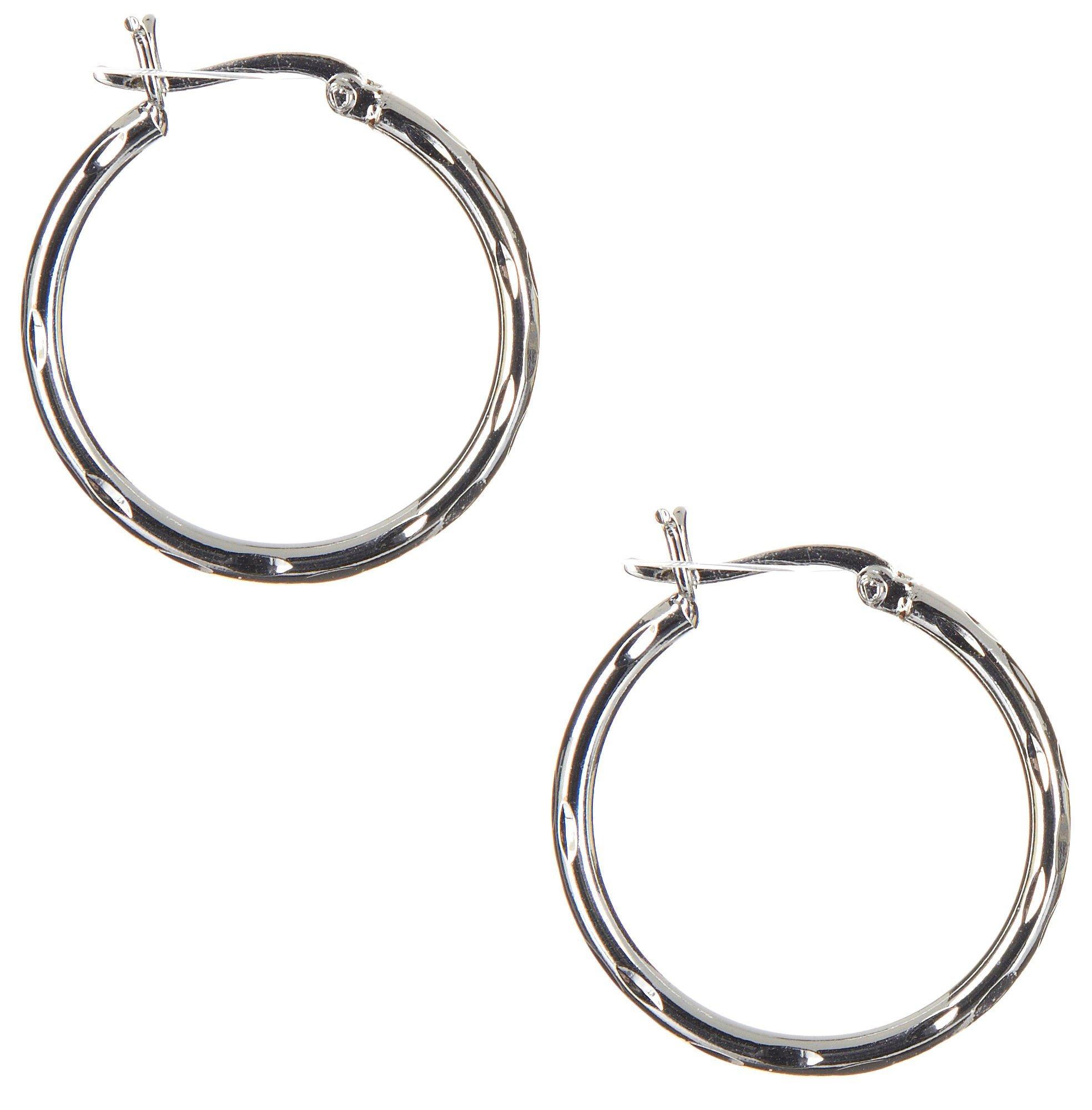 1 In. Textured Silver Plate Hoop Earrings