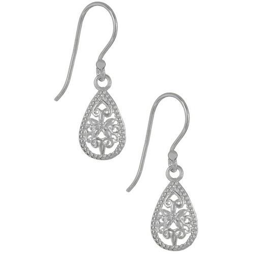 925 Sterling Silver Hook Earrings Trendy Contemporary Filigree Tear Drop Design