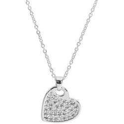 CZ Pave Heart Tag Silver Tone Chain Necklace