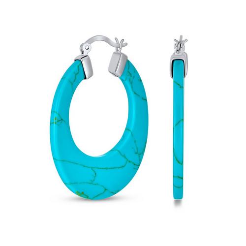 BLING Silver Boho Style Turquoise Hoop Earrings