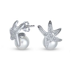 BLING Jewelry Pearl Starfish Pave CZ Stud Earrings