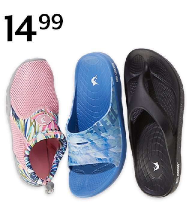 14.99 Reel Legends water shoes, slides or flip flops for men & women