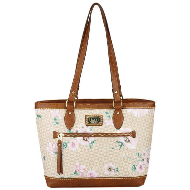 Mini Canvas Tote Bag with floral print side panels, pockets, snap closure