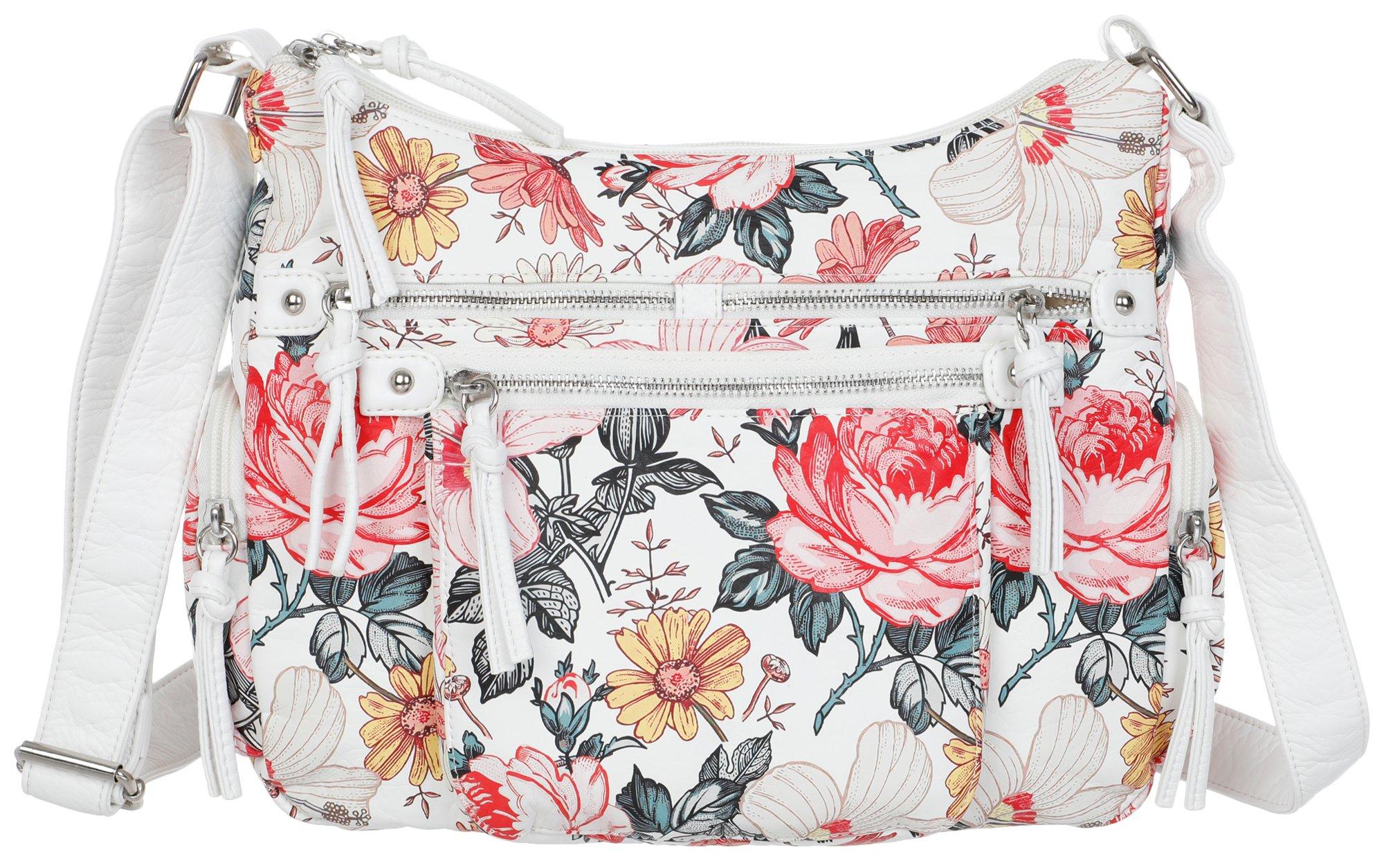 Grainy Wash Print Vegan Leather Crossbody Hobo Bag