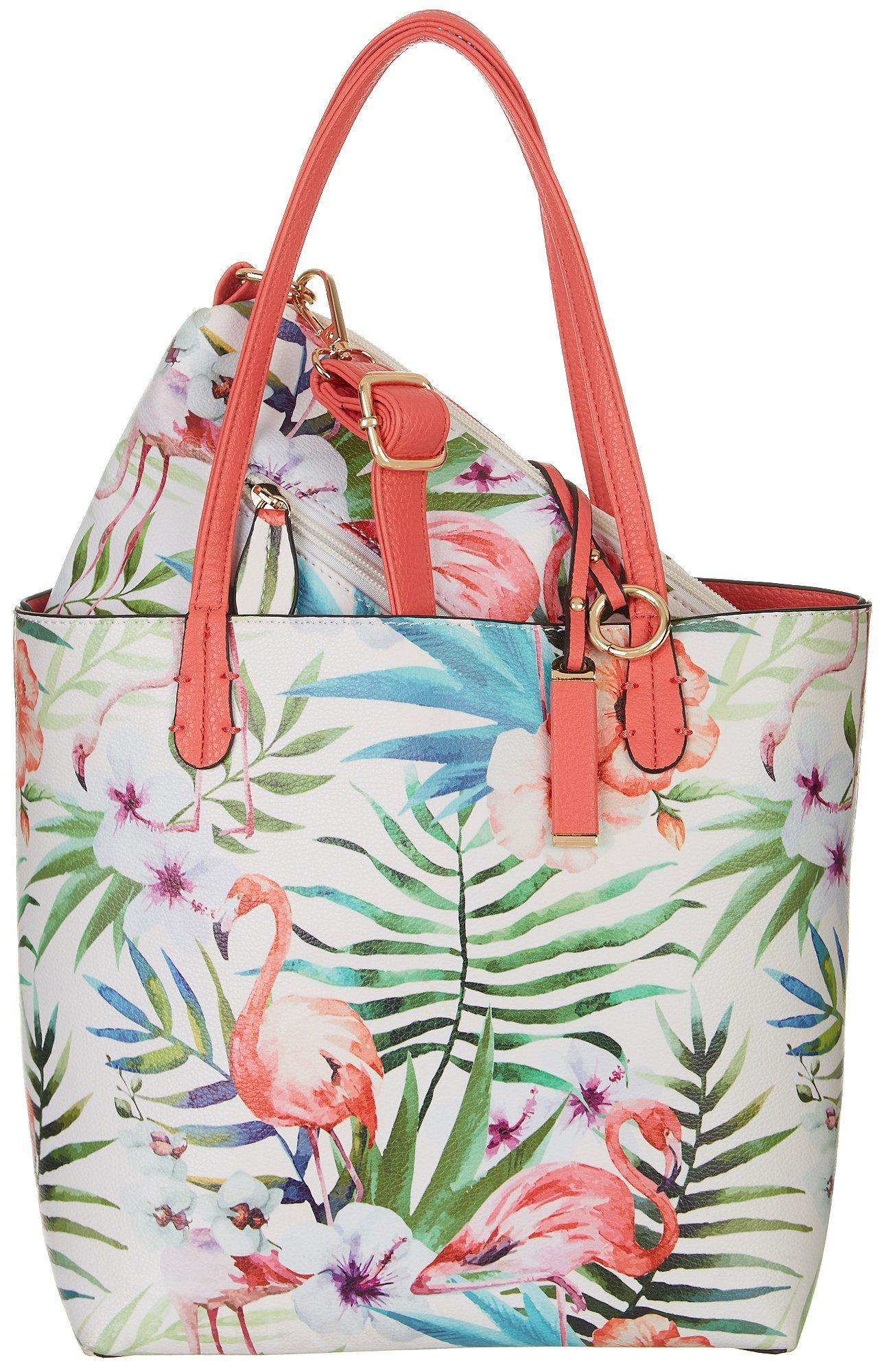 Coral Bay Pink Flamingo Print Bag In Bag Tote Handbag One Size White multi 849668028410 eBay