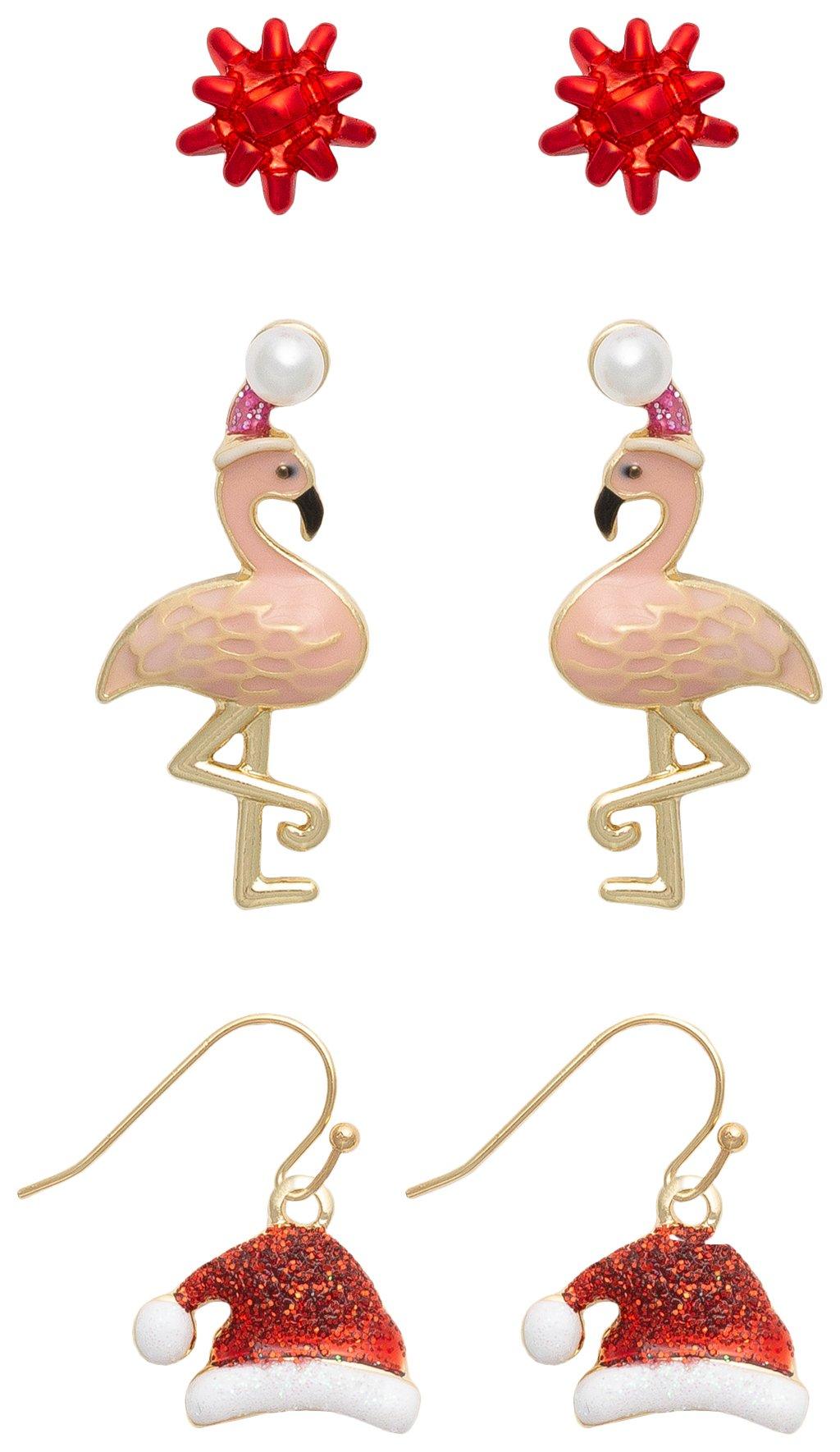 3-Pc. Flamingo Santa Hat Earring Set