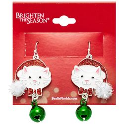 Brighten The Season Pom Pom Cat Bell Drop Earrings