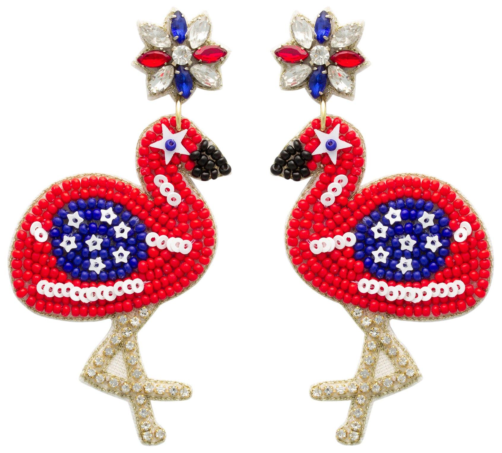 Americana Beaded Flamingo Post Drop Earrings