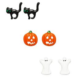 3-Pr Pumpkin Ghost Black Cat Stud Earrings Set