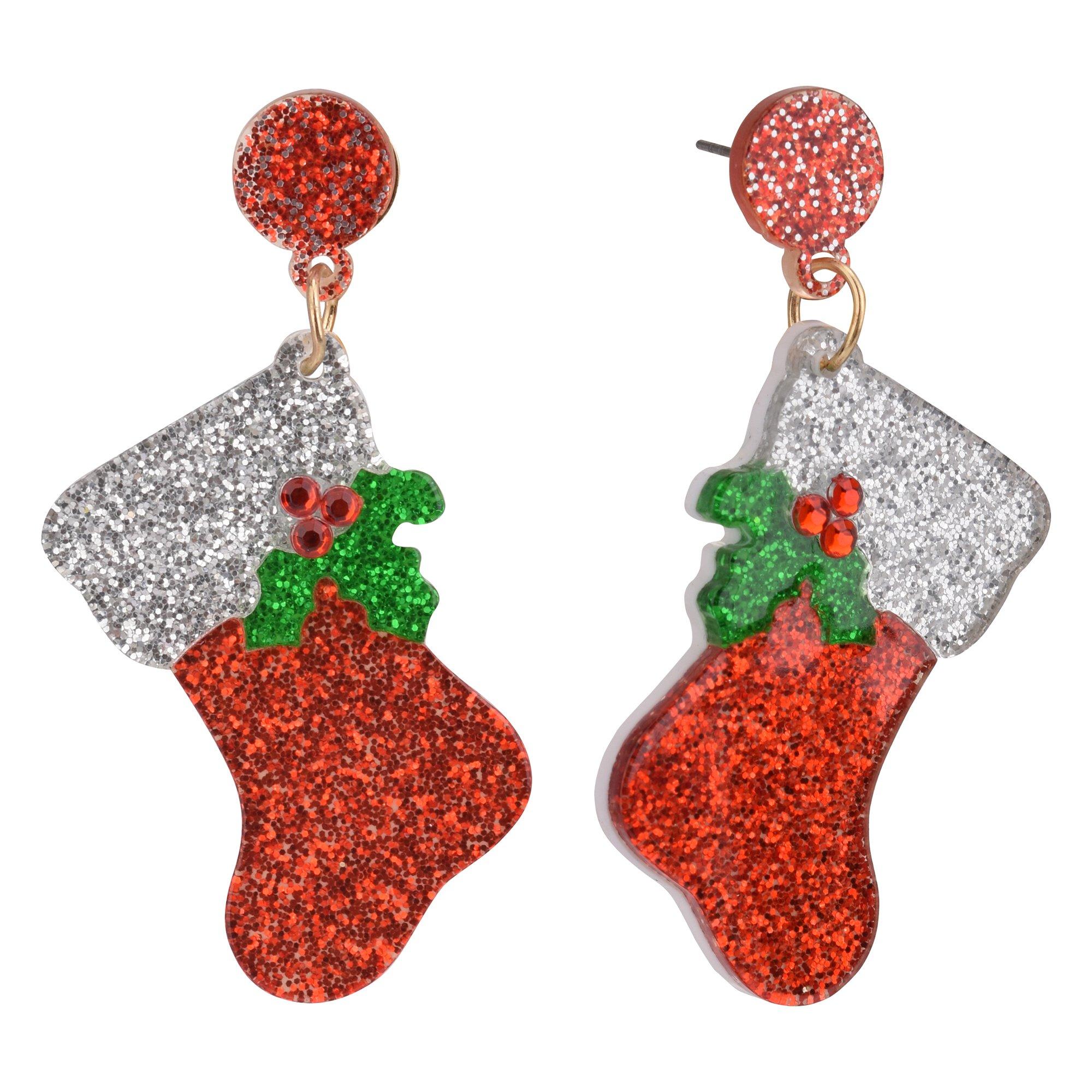 Brighten The Season Glitter Holly Stocking Dangle Earrings