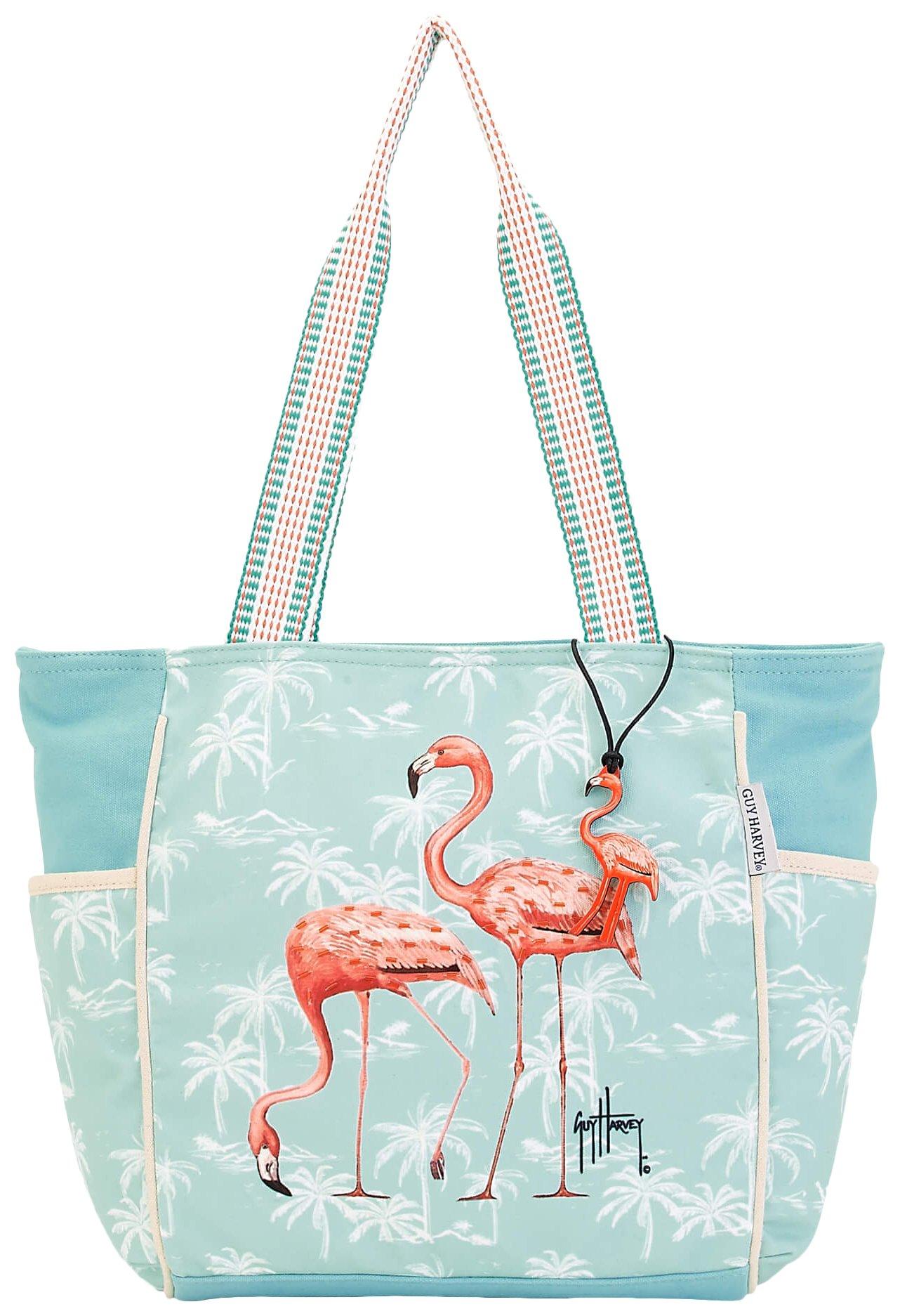Guy Harvey Flamingo Print Canvas Beach Tote Bag