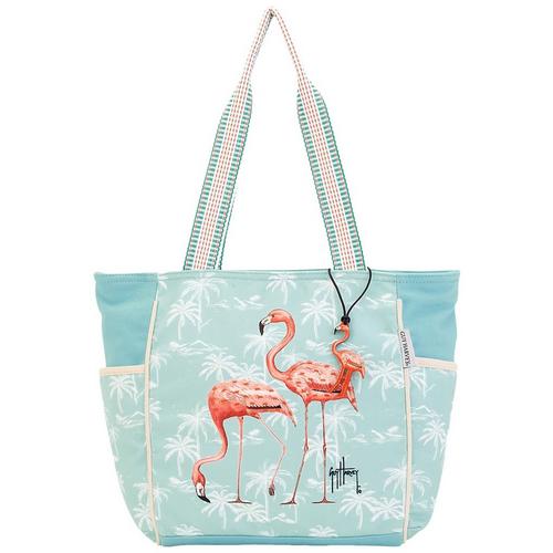 Guy Harvey Flamingo Print Canvas Beach Tote Bag