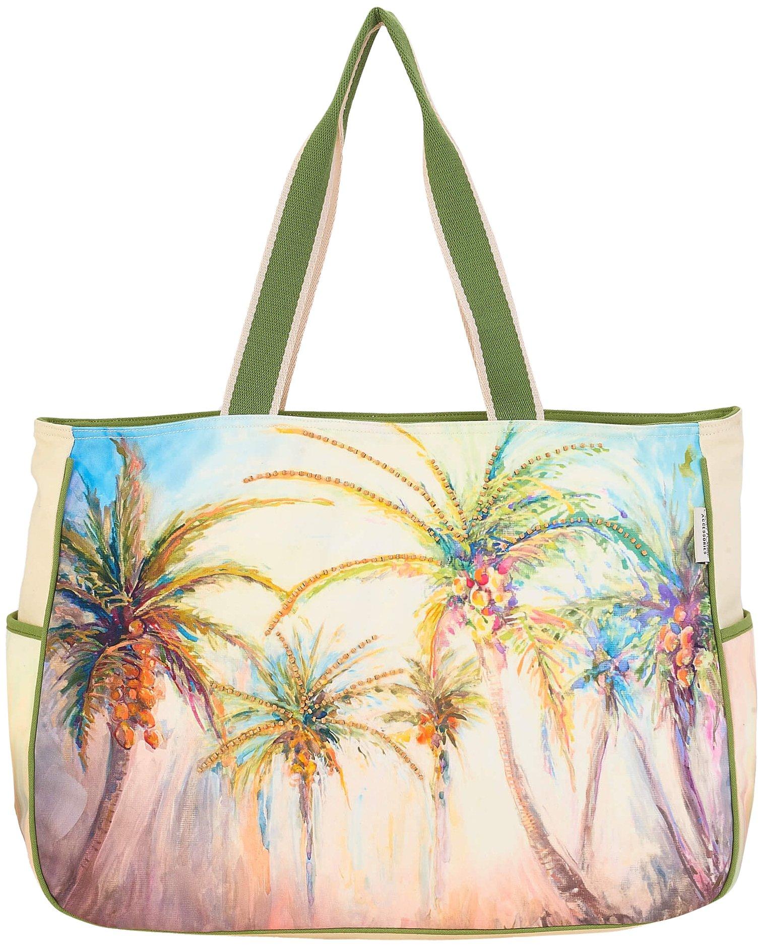 Palm Tree Print Canvas Beach Tote Bag