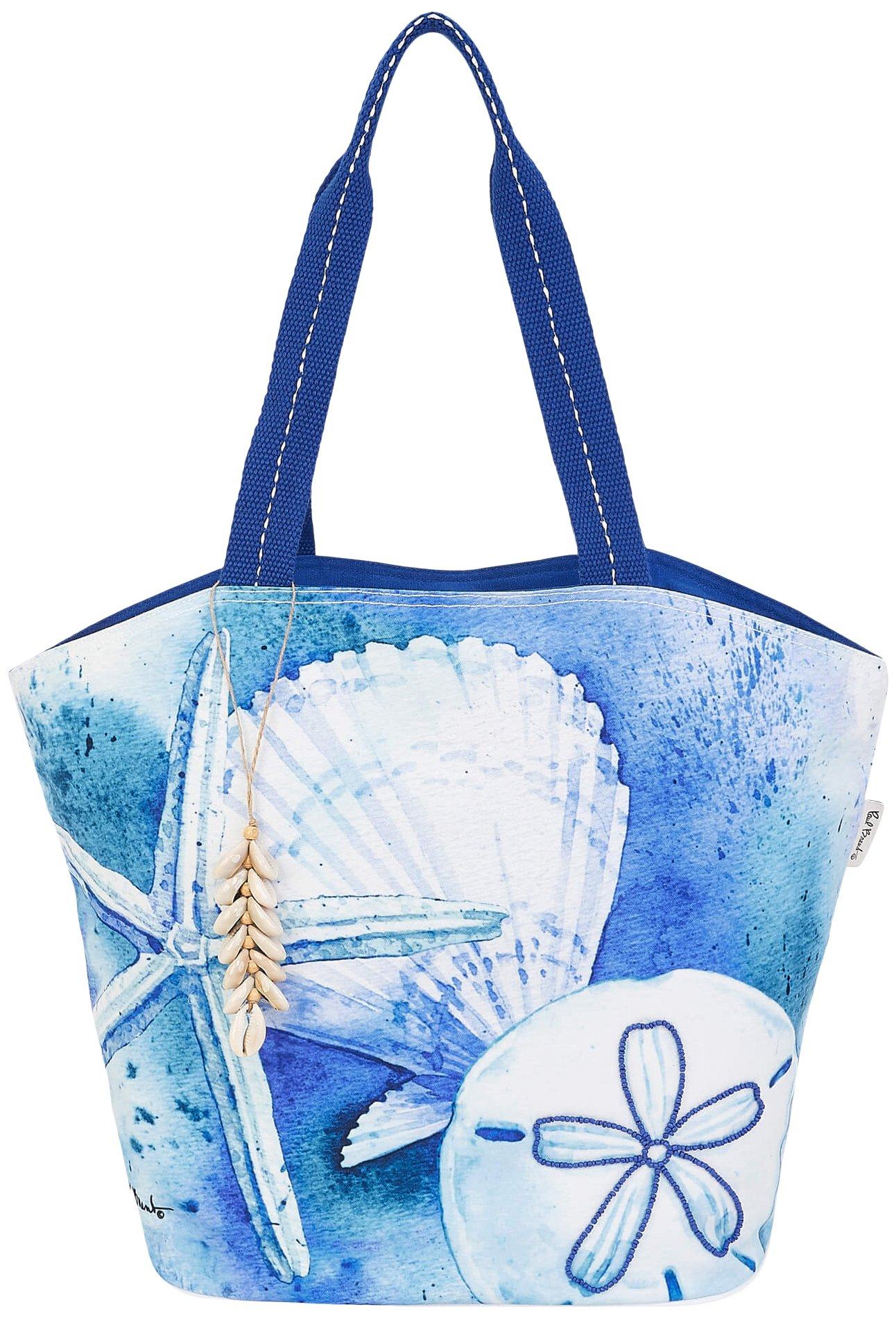 Seashell Print Canvas Beach Tote Bag