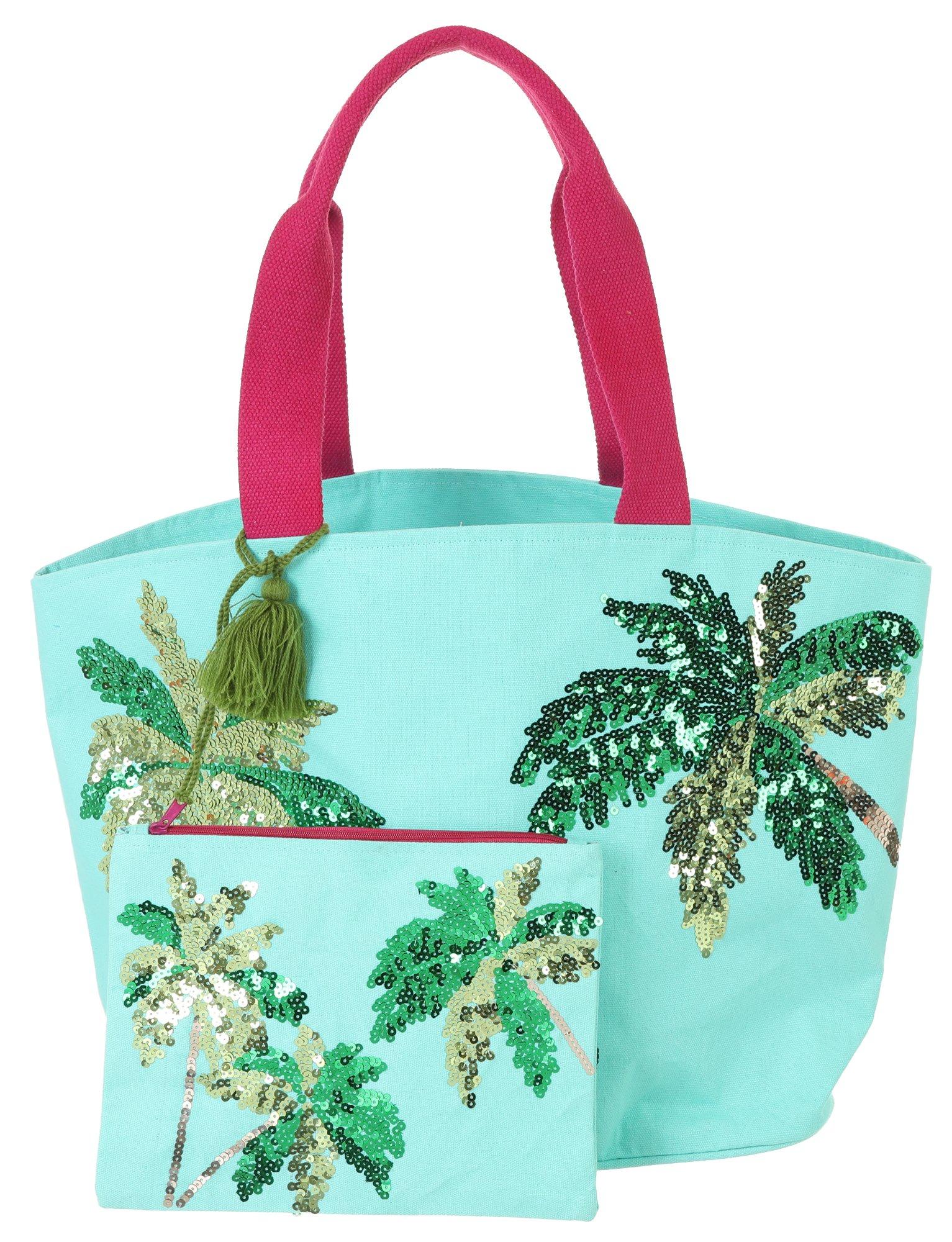 Palm Tree Sequin Beach Tote & Matching Clutch