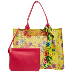 Betsey Johnson Floral Get Meshy Tote With Scarf & Zip Clutch
