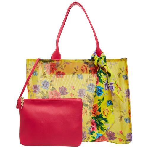 Betsey Johnson Floral Get Meshy Tote With Scarf