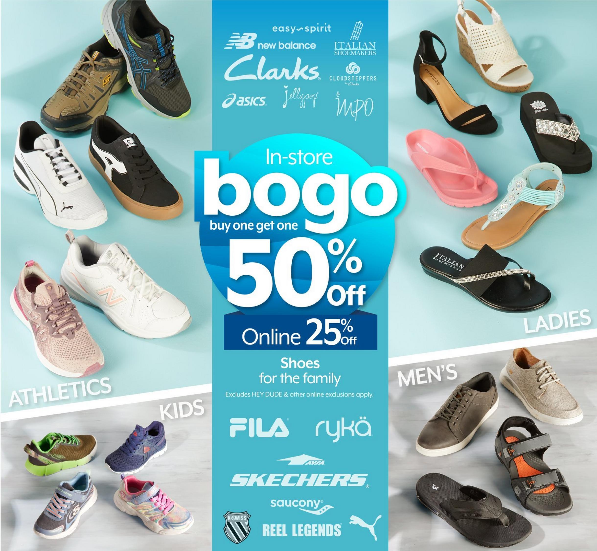 BOGO 50% off in-store. 25% off online Shoes for the family. Excludes HEY DUDE®