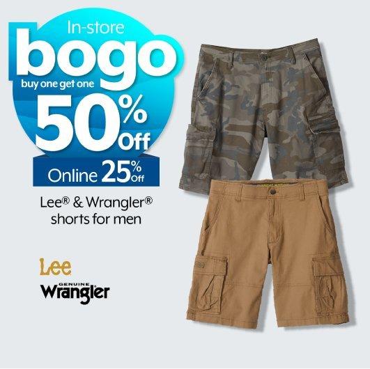 BOGO 50% off in-store. 25% off online Lee® & Wrangler® shorts for men