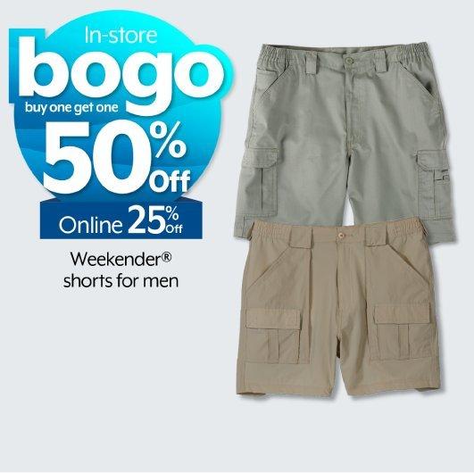 BOGO 50% off in-store. 25% off online Weekender® shorts for men
