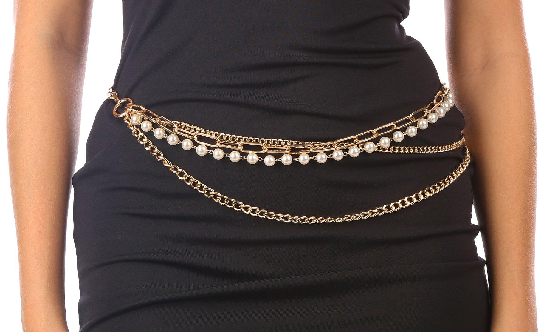 Womens 4-Row Pearl Frontal Chain Belt