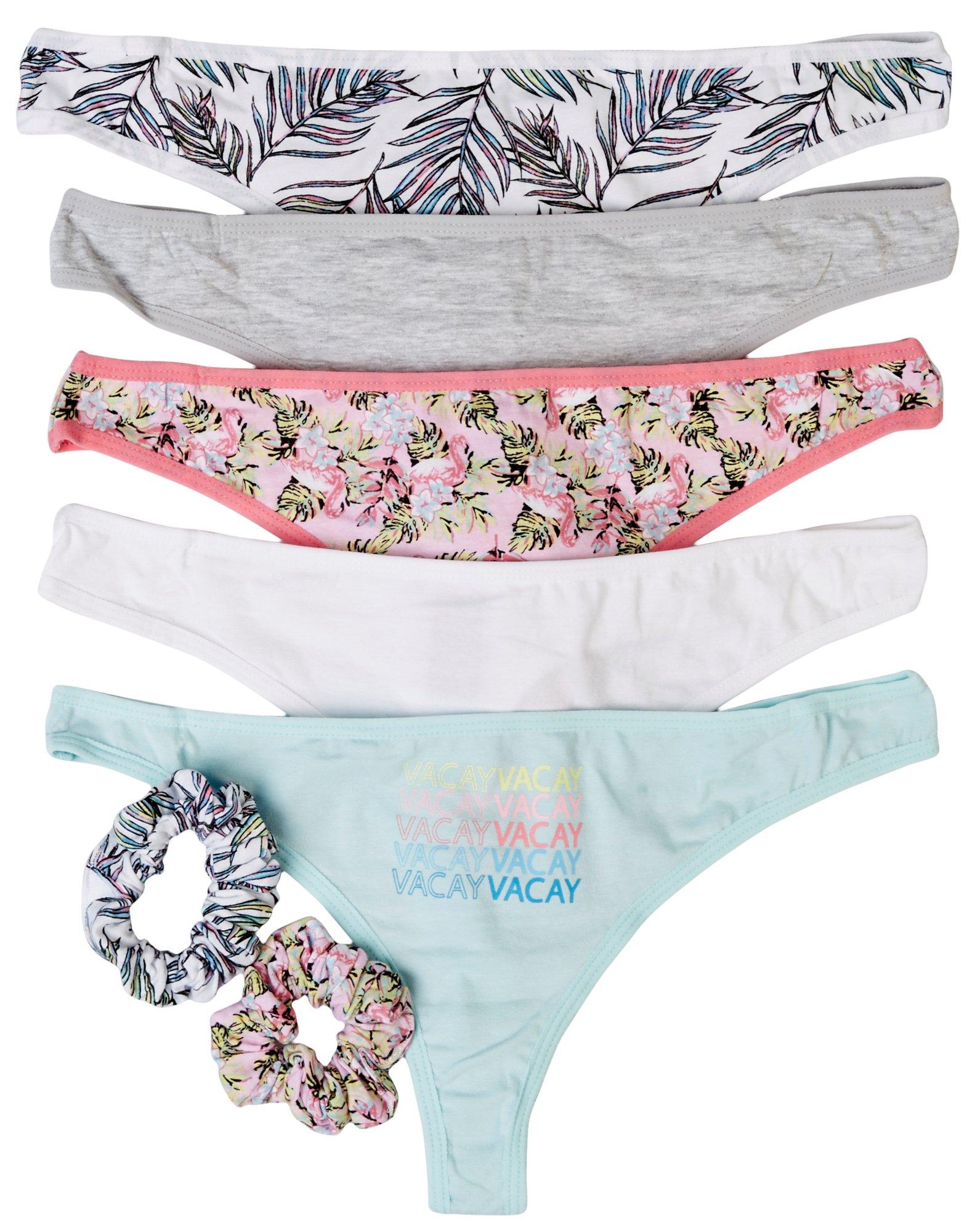Juniors 7-Pc. Vacay Thong Panties & Scrunchie Set