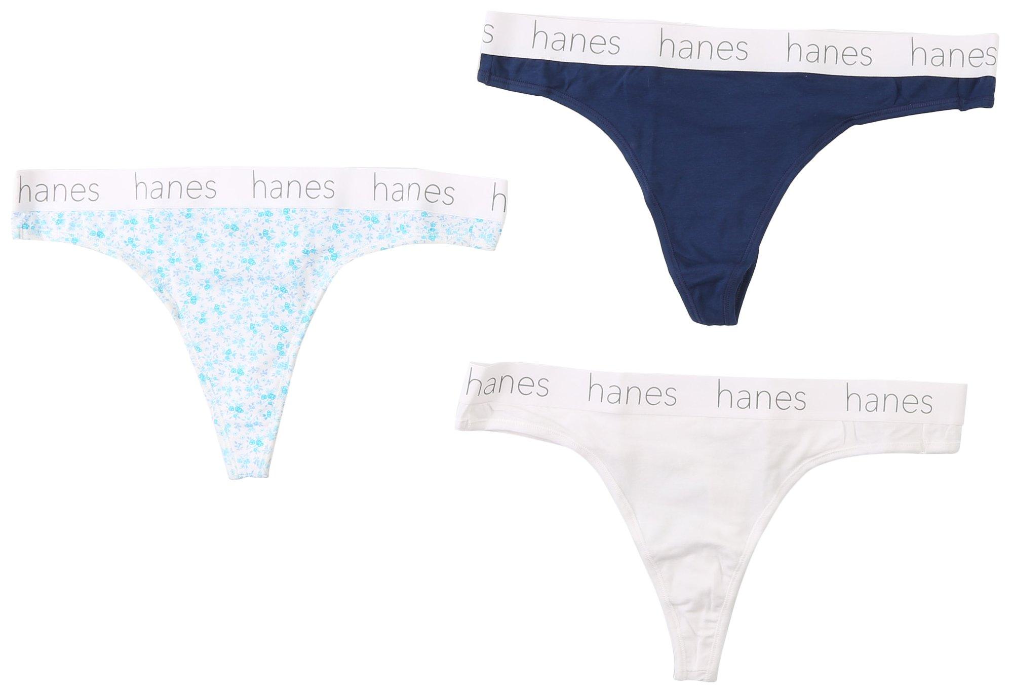 Hanes 3-Pc. Floral Solid Cotton Stretch Thong Panties Set